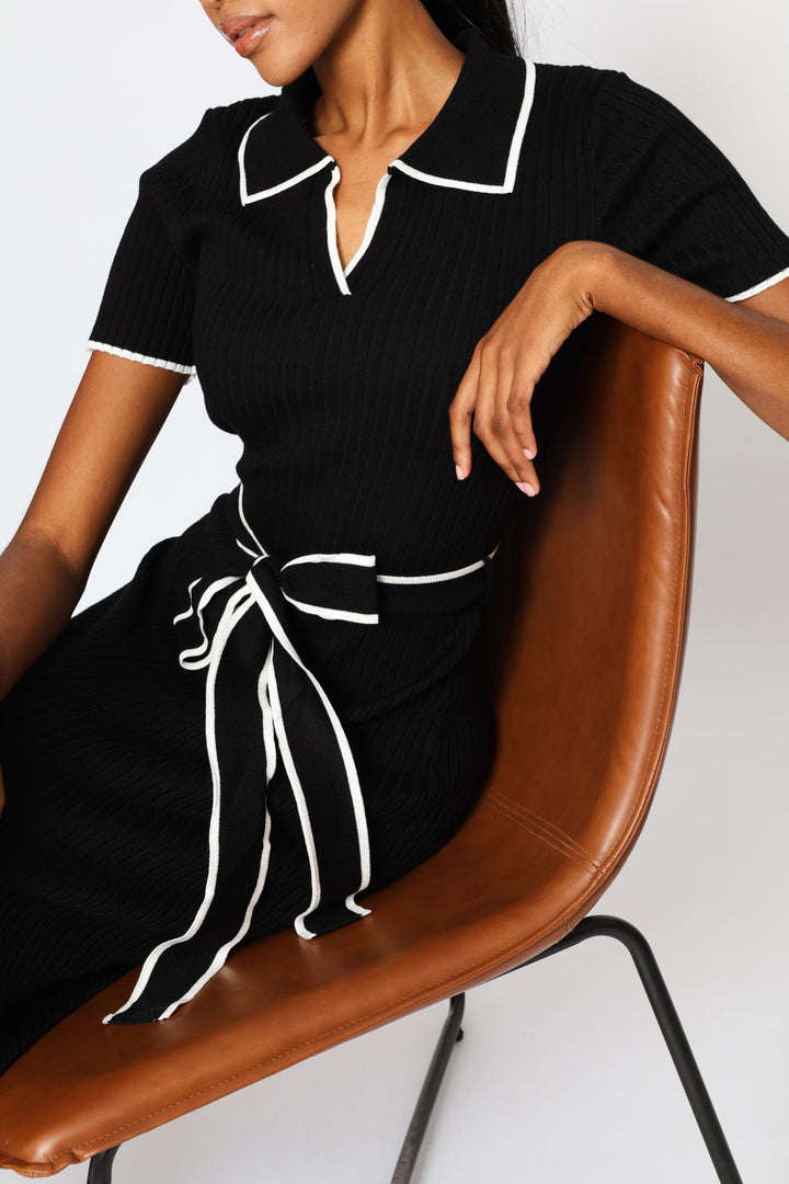 Collar Tipped Knitwear Maxi Dress - Black/White