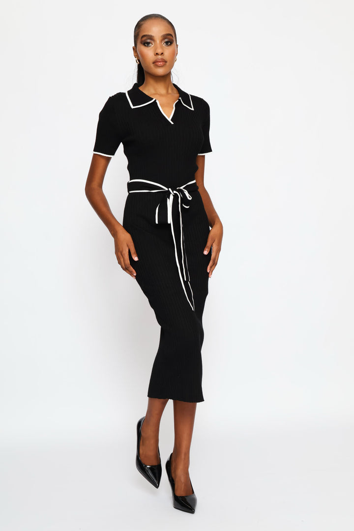 Collar Tipped Knitwear Maxi Dress - Black/White