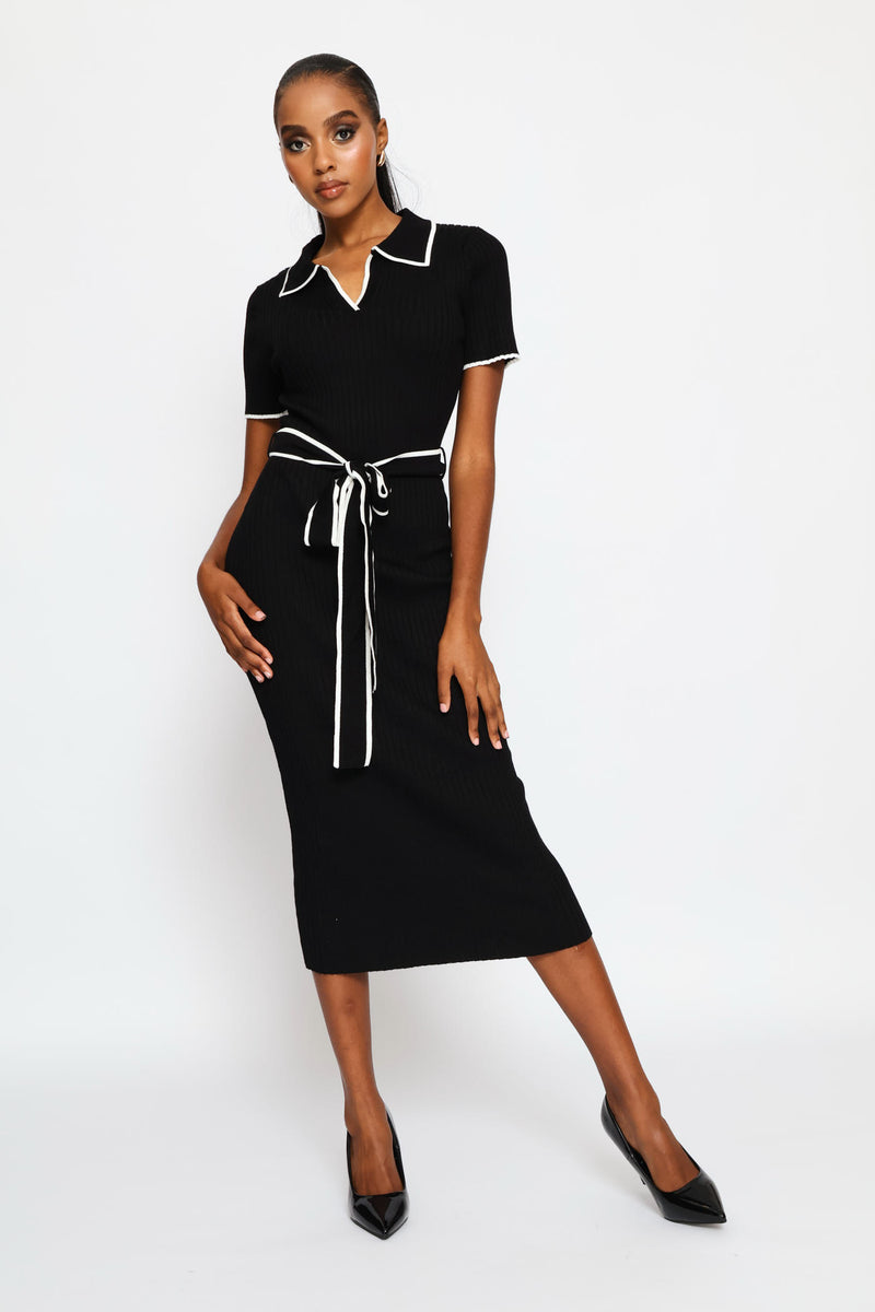 Collar Tipped Knitwear Maxi Dress - Black/White