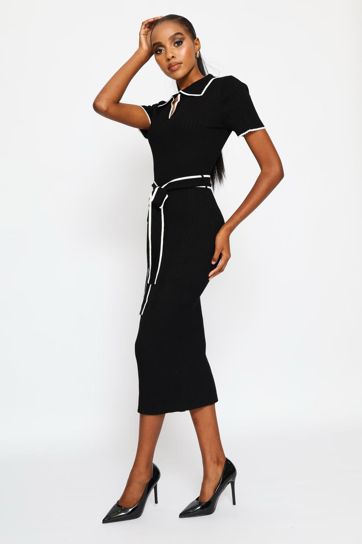 Collar Tipped Knitwear Maxi Dress - Black/White