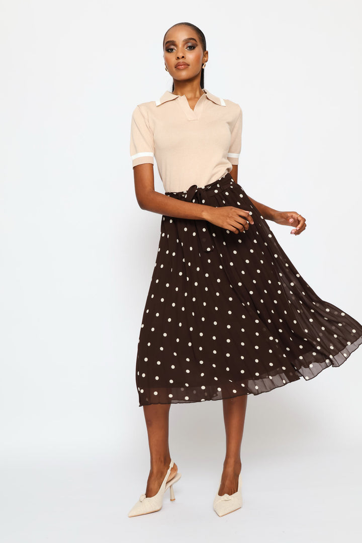 Pleated Poka Dot Chiffon Midi Skirt - Cream/Chocolate