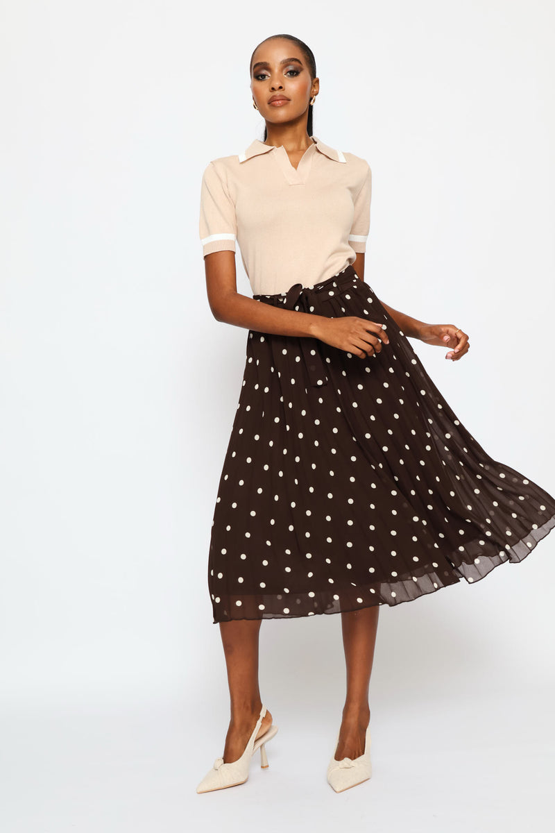 Pleated Poka Dot Chiffon Midi Skirt - Cream/Chocolate