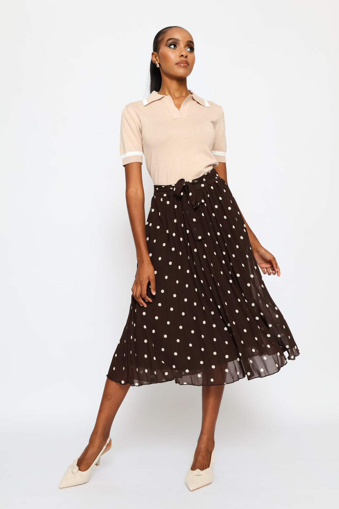 Pleated Poka Dot Chiffon Midi Skirt - Cream/Chocolate