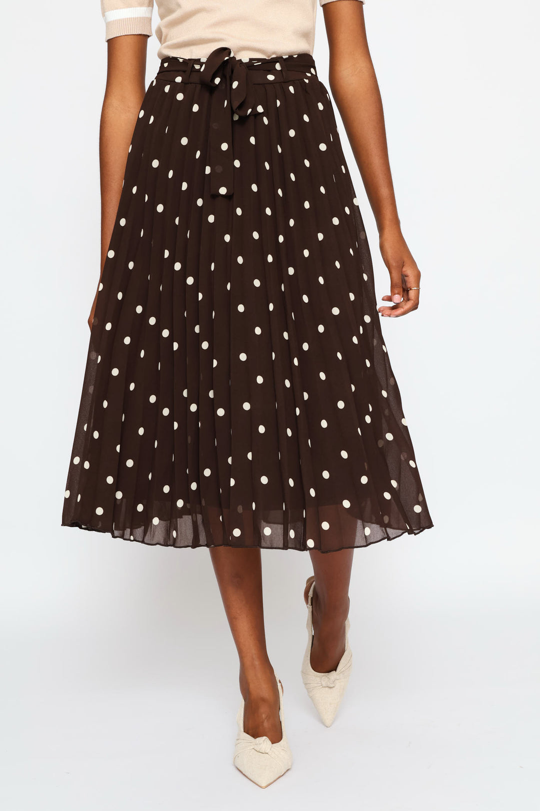 Pleated Poka Dot Chiffon Midi Skirt - Cream/Chocolate