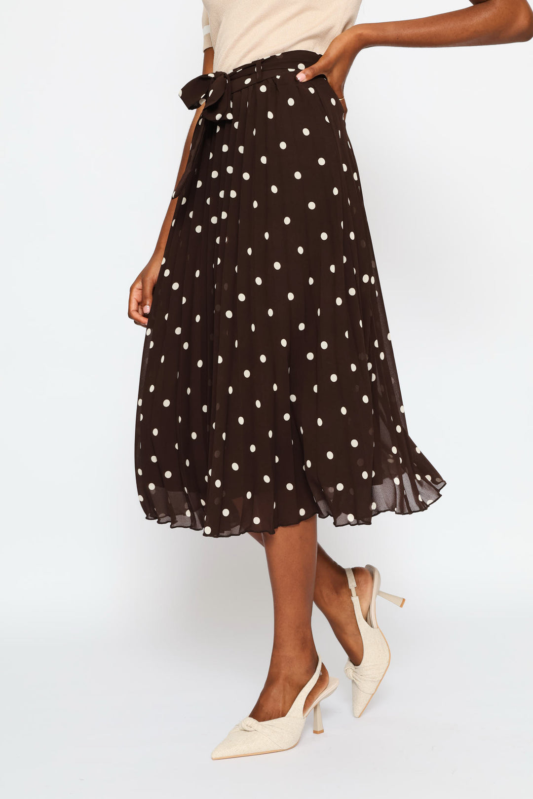 Pleated Poka Dot Chiffon Midi Skirt - Cream/Chocolate
