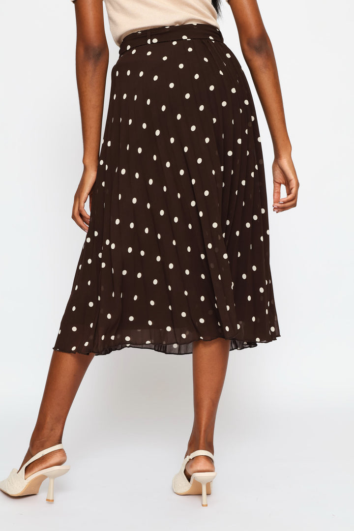 Pleated Poka Dot Chiffon Midi Skirt - Cream/Chocolate