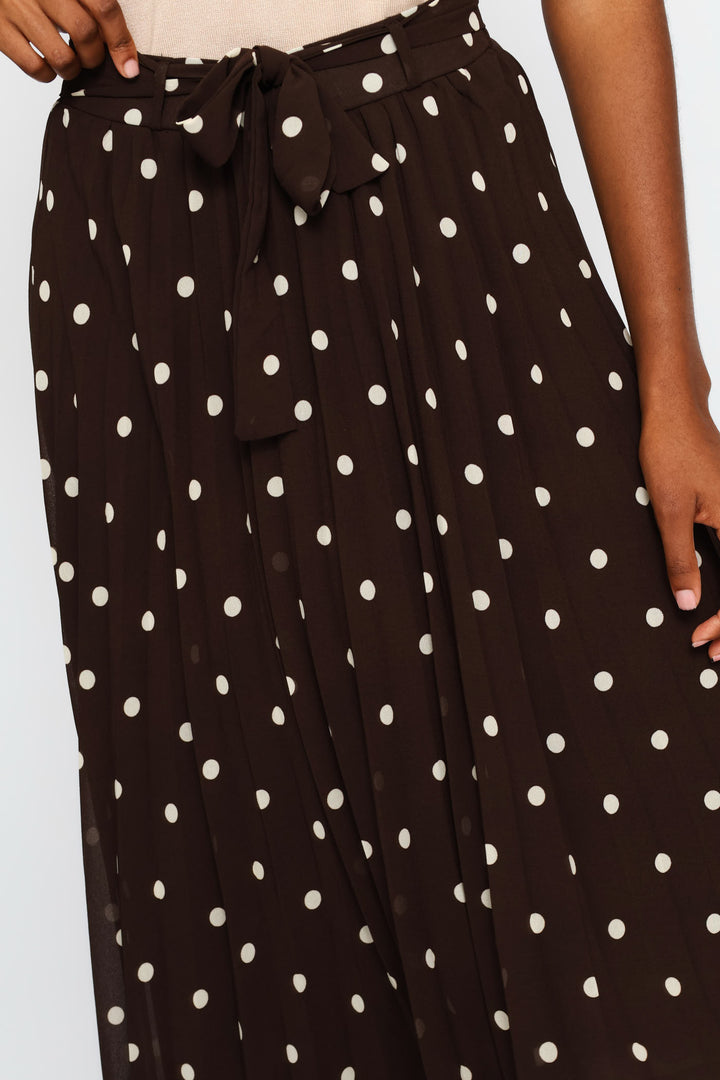 Pleated Poka Dot Chiffon Midi Skirt - Cream/Chocolate
