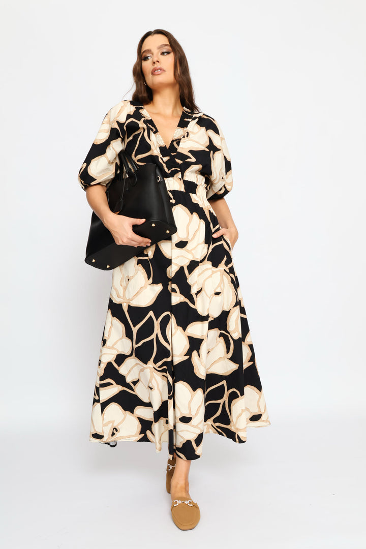 Shirred Crossover V-Neck Cotton Kaftan Maxi Dress - Black