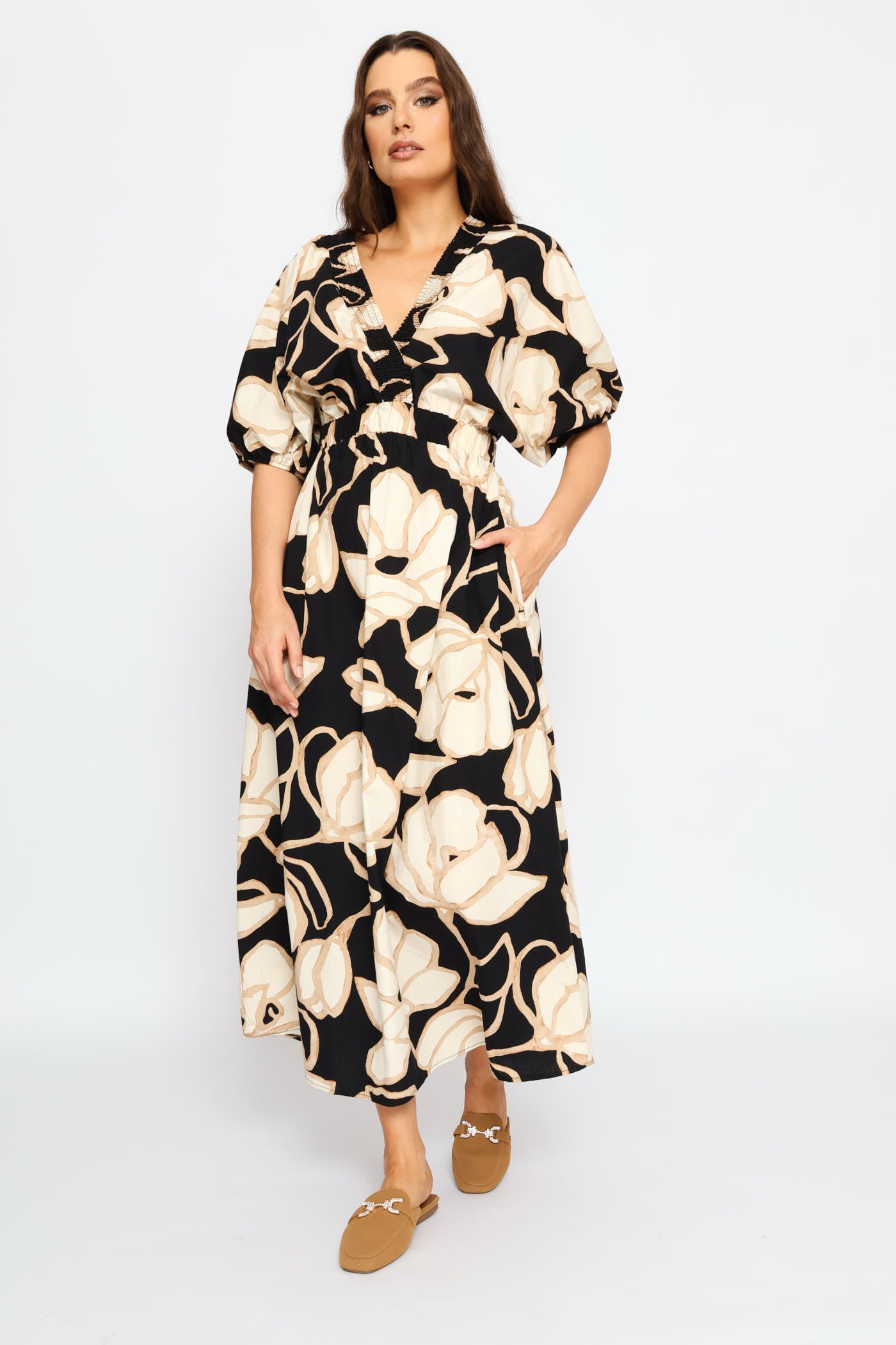 Ladies Shirred Crossover V-Neck Cotton Kaftan Maxi Dress - Black