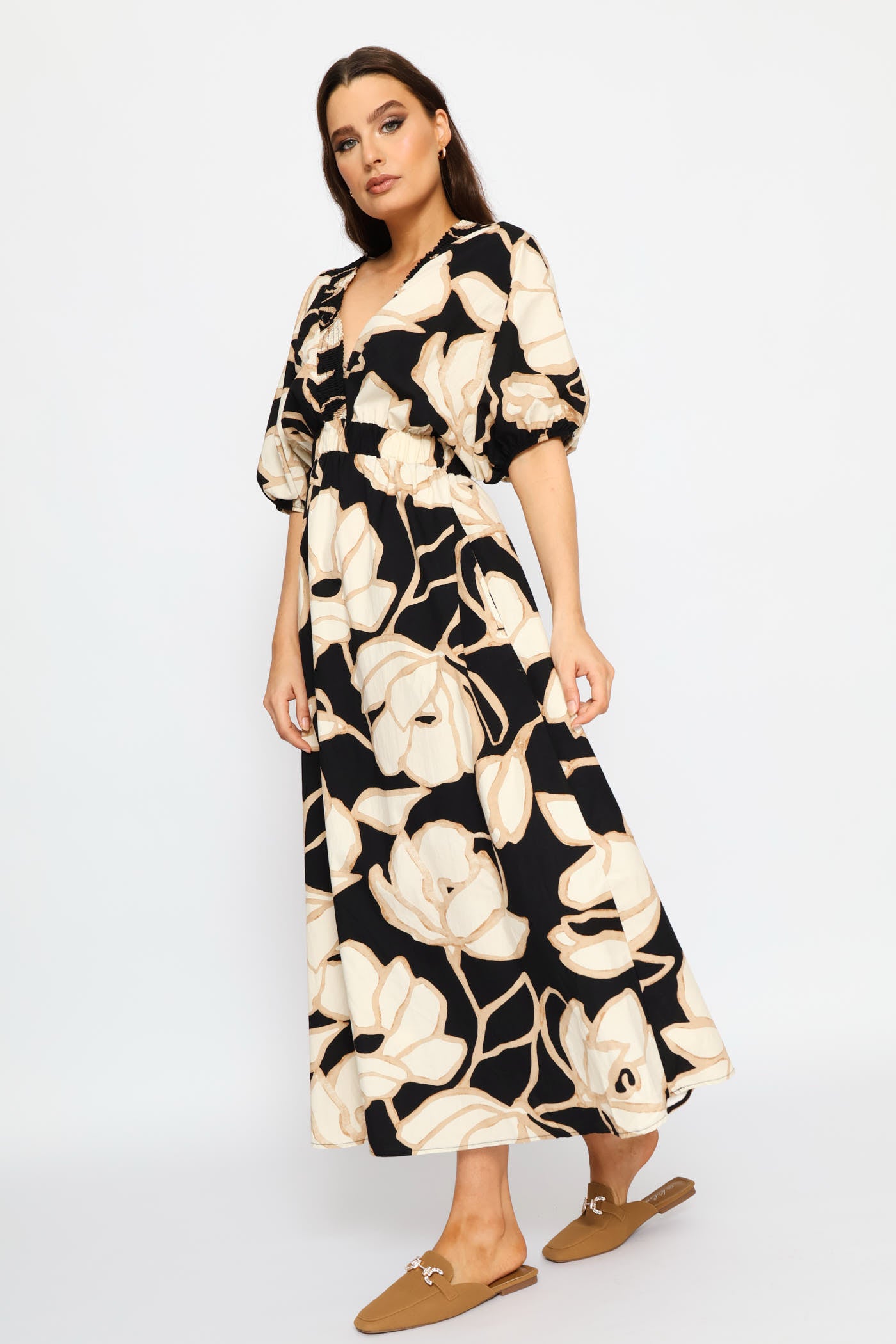 Ladies Shirred Crossover V-Neck Cotton Kaftan Maxi Dress - Black