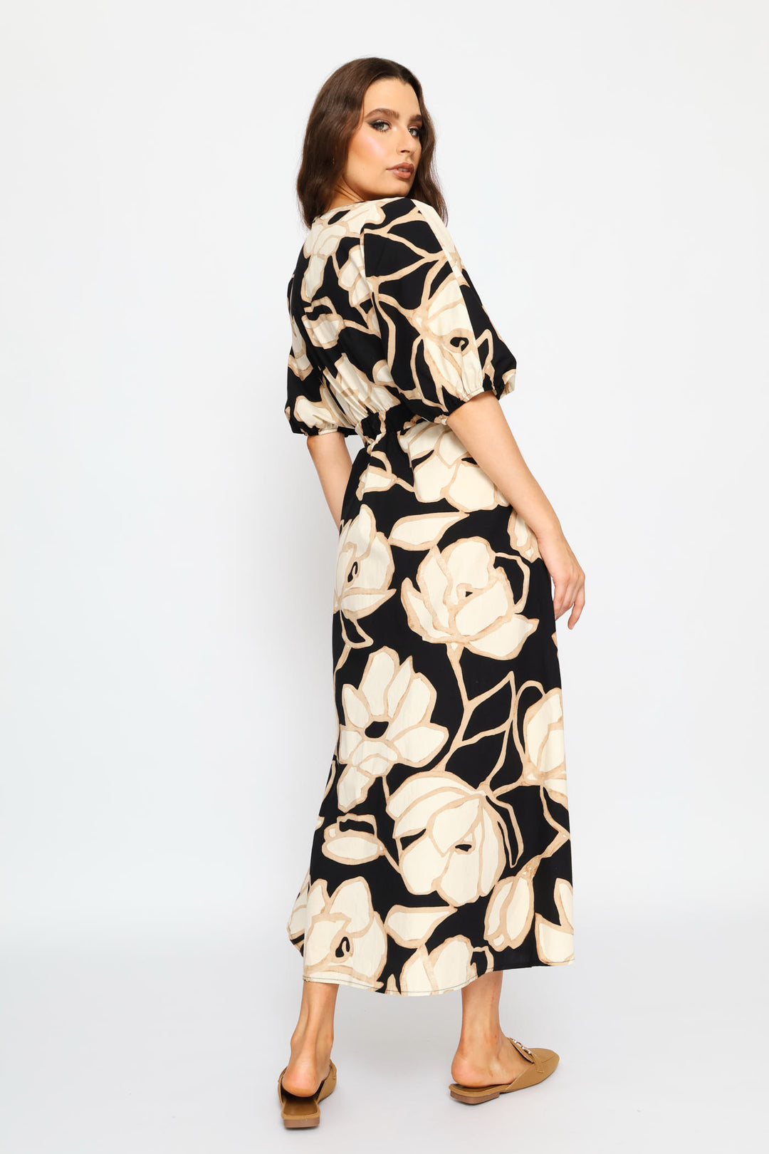 Shirred Crossover V-Neck Cotton Kaftan Maxi Dress - Black