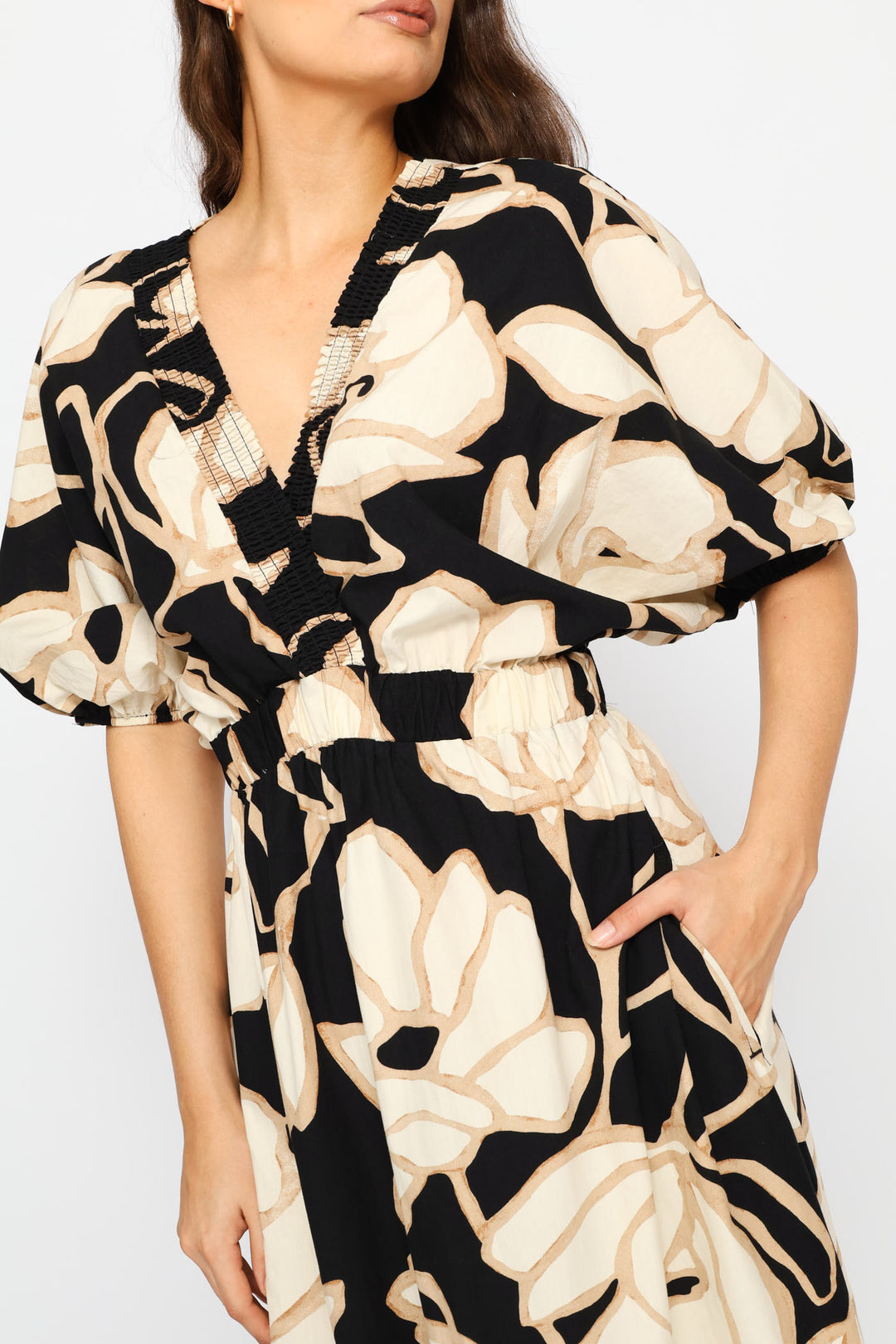 Shirred Crossover V-Neck Cotton Kaftan Maxi Dress - Black