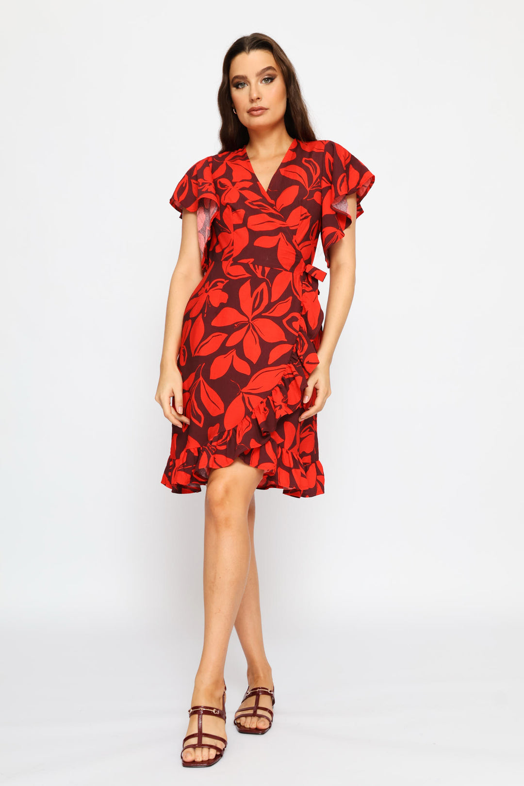 Frill Sleeve Wrap Frill Hem Mini Dress - Red/Port