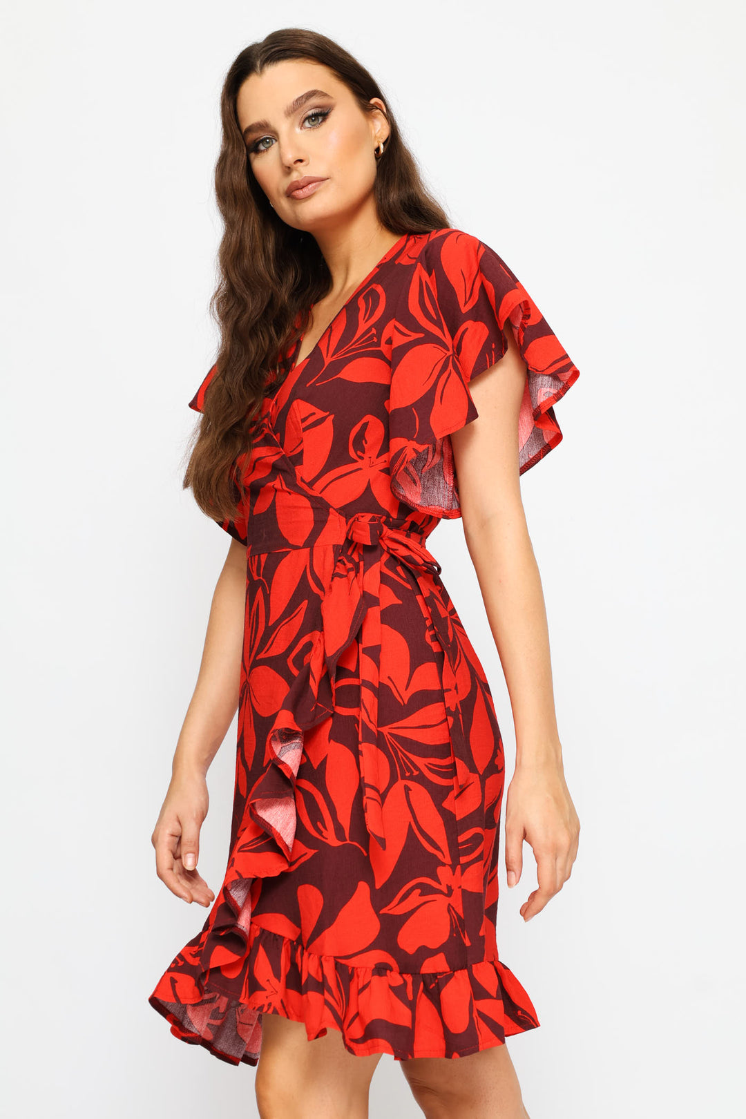 Frill Sleeve Wrap Frill Hem Mini Dress - Red/Port