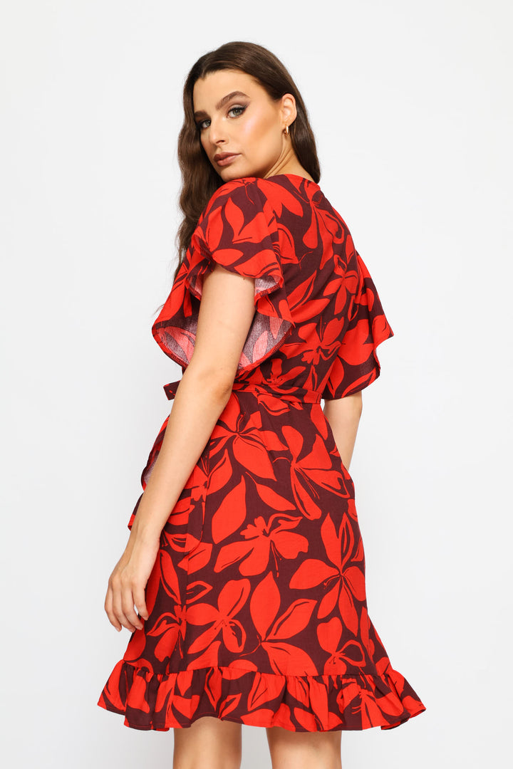 Frill Sleeve Wrap Frill Hem Mini Dress - Red/Port