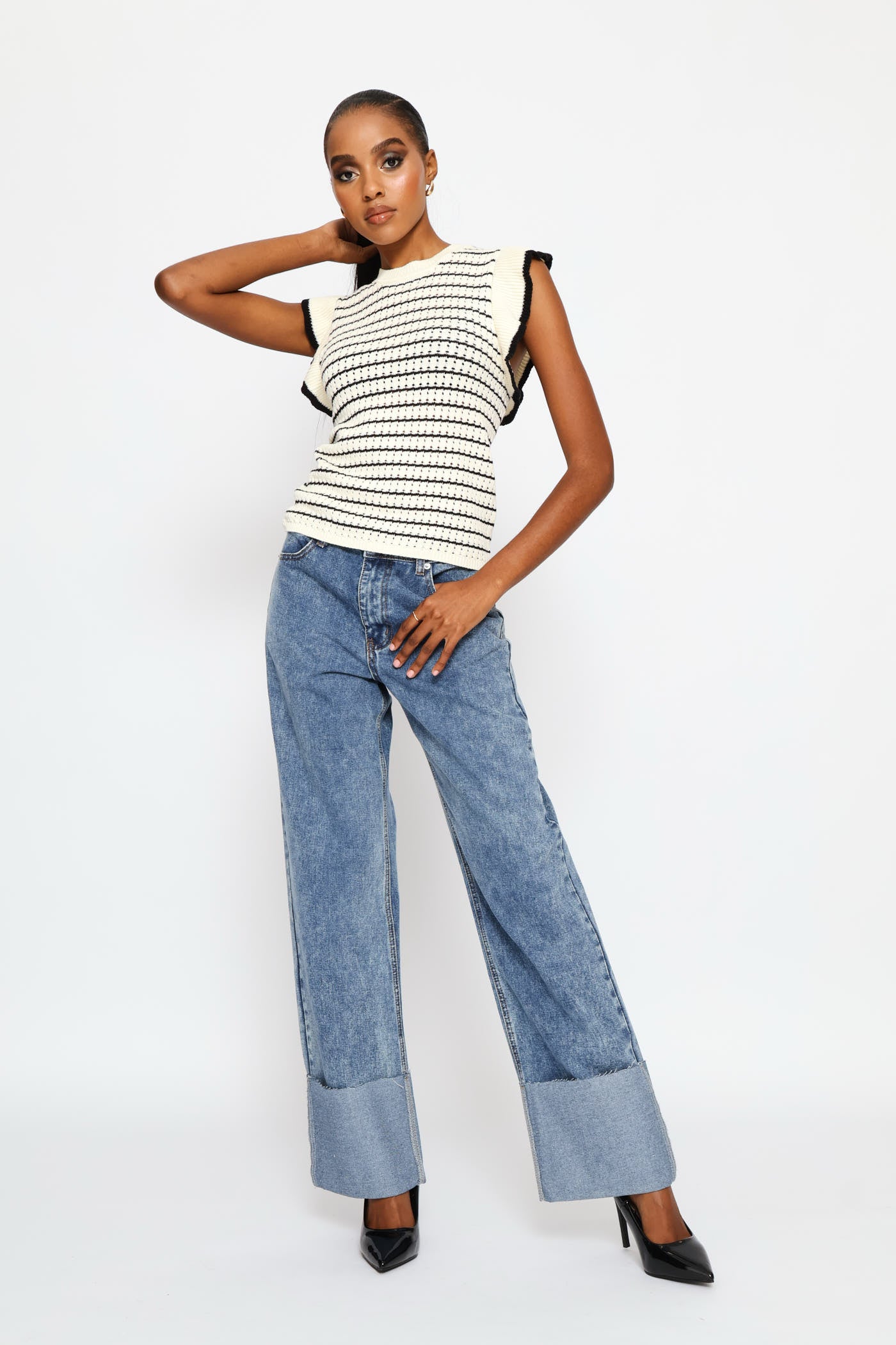 Ladies Tipped Frill Sleeve Stripe Knitwear Top - Cream/Black – Edgars