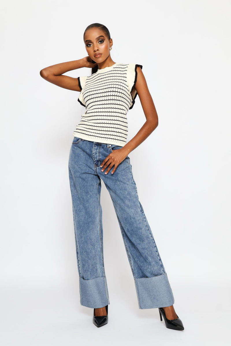 Tipped Frill Sleeve Stripe Knitwear Top - Cream/Black
