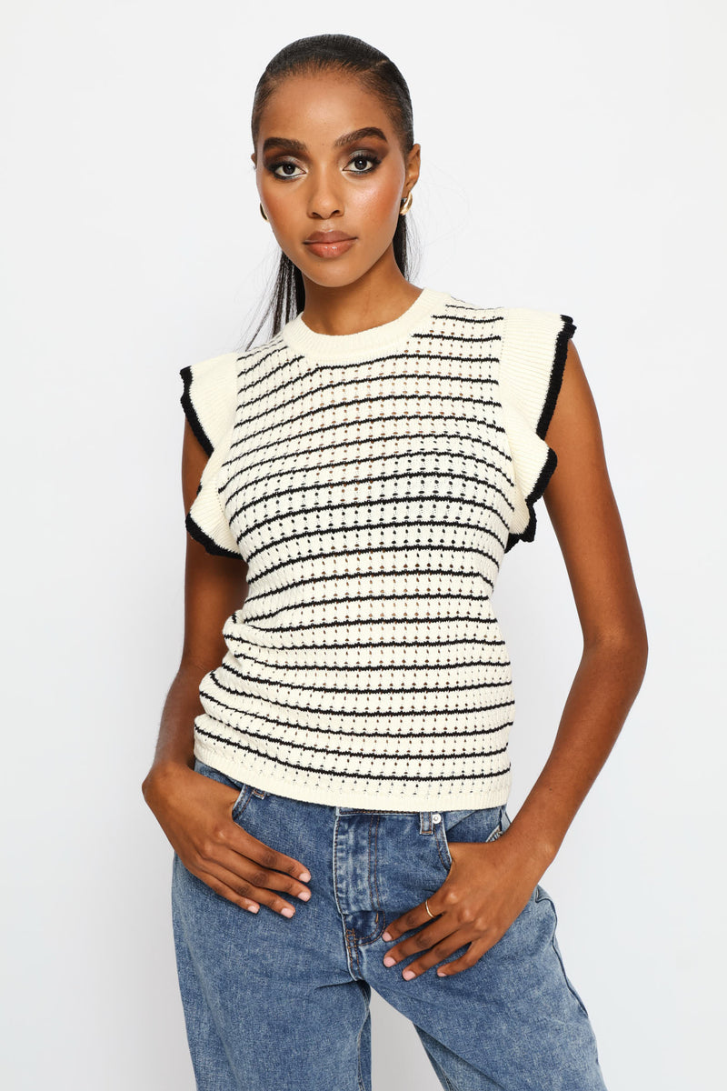 Tipped Frill Sleeve Stripe Knitwear Top - Cream/Black