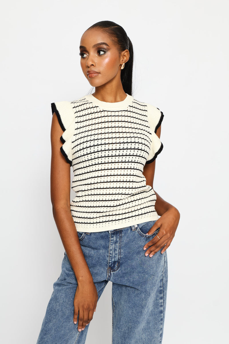 Tipped Frill Sleeve Stripe Knitwear Top - Cream/Black