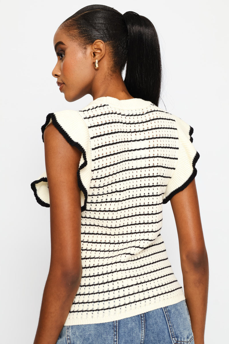 Tipped Frill Sleeve Stripe Knitwear Top - Cream/Black