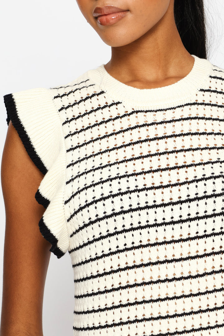 Tipped Frill Sleeve Stripe Knitwear Top - Cream/Black