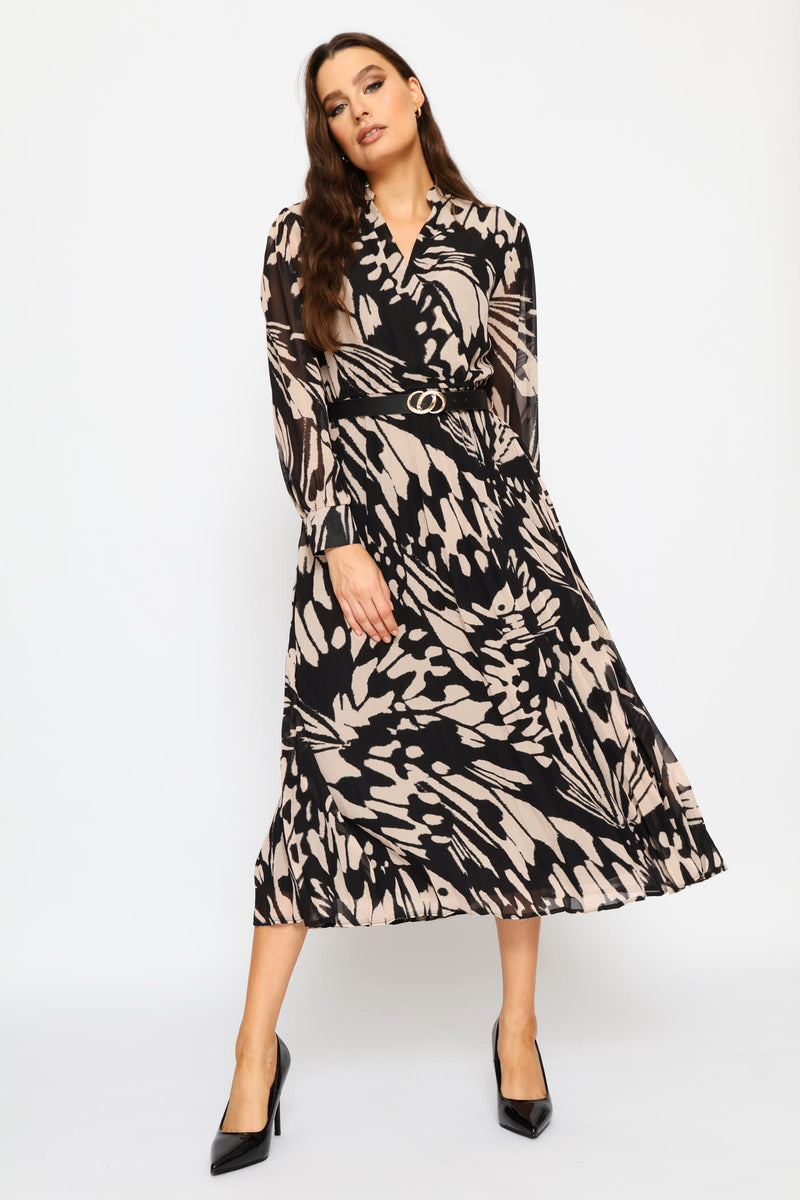 Mandarin Collar Pleated Maxi Dress - Black