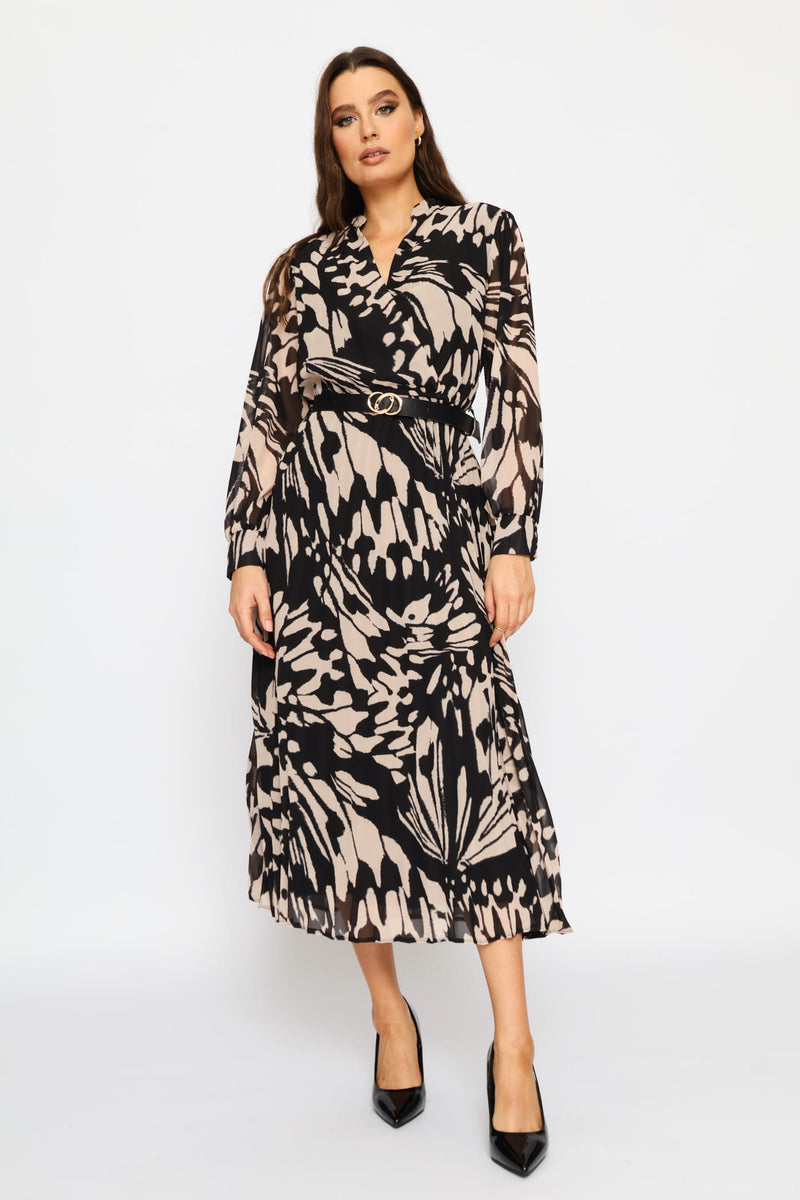 Mandarin Collar Pleated Maxi Dress - Black