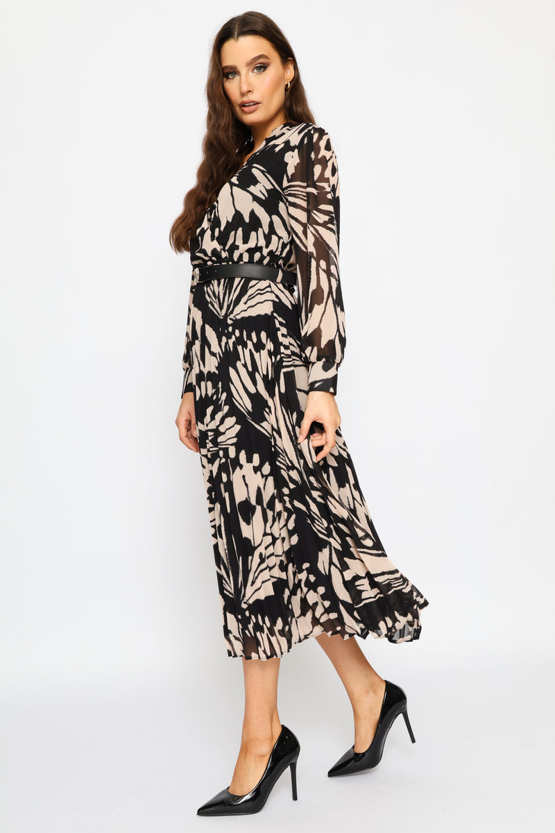 Mandarin Collar Pleated Maxi Dress - Black