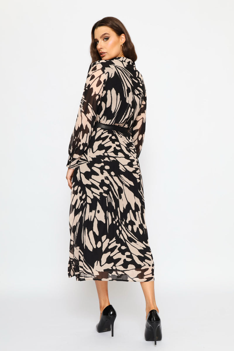 Mandarin Collar Pleated Maxi Dress - Black