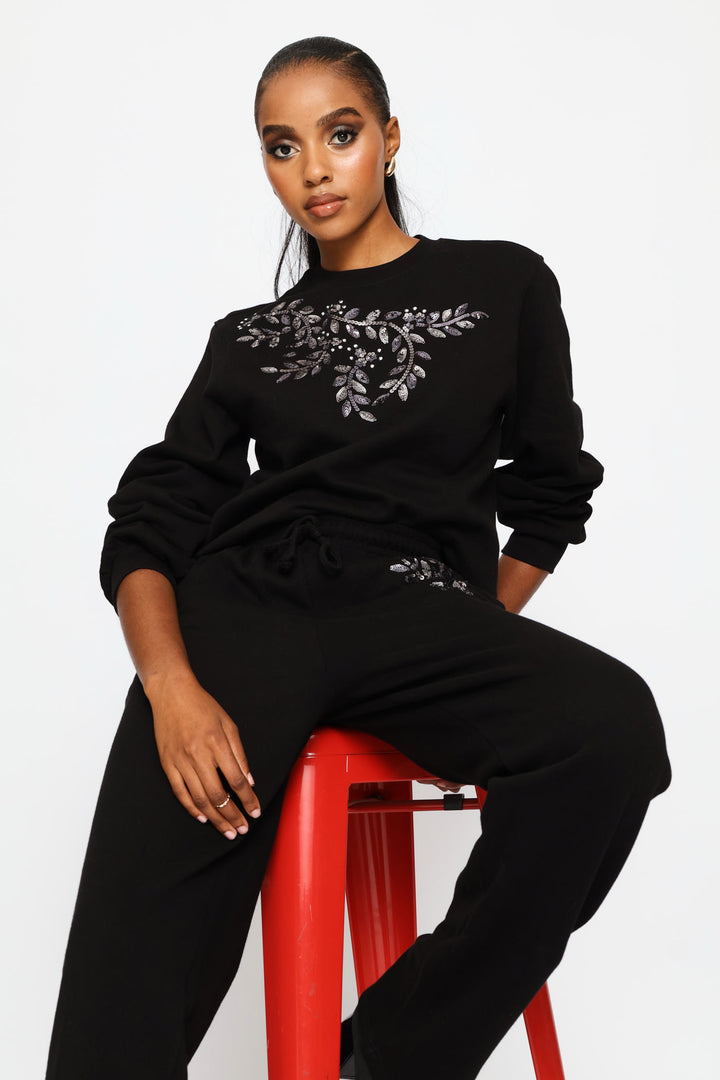 Long Sleeve  Shoulder Bead Detail Pullover - Black