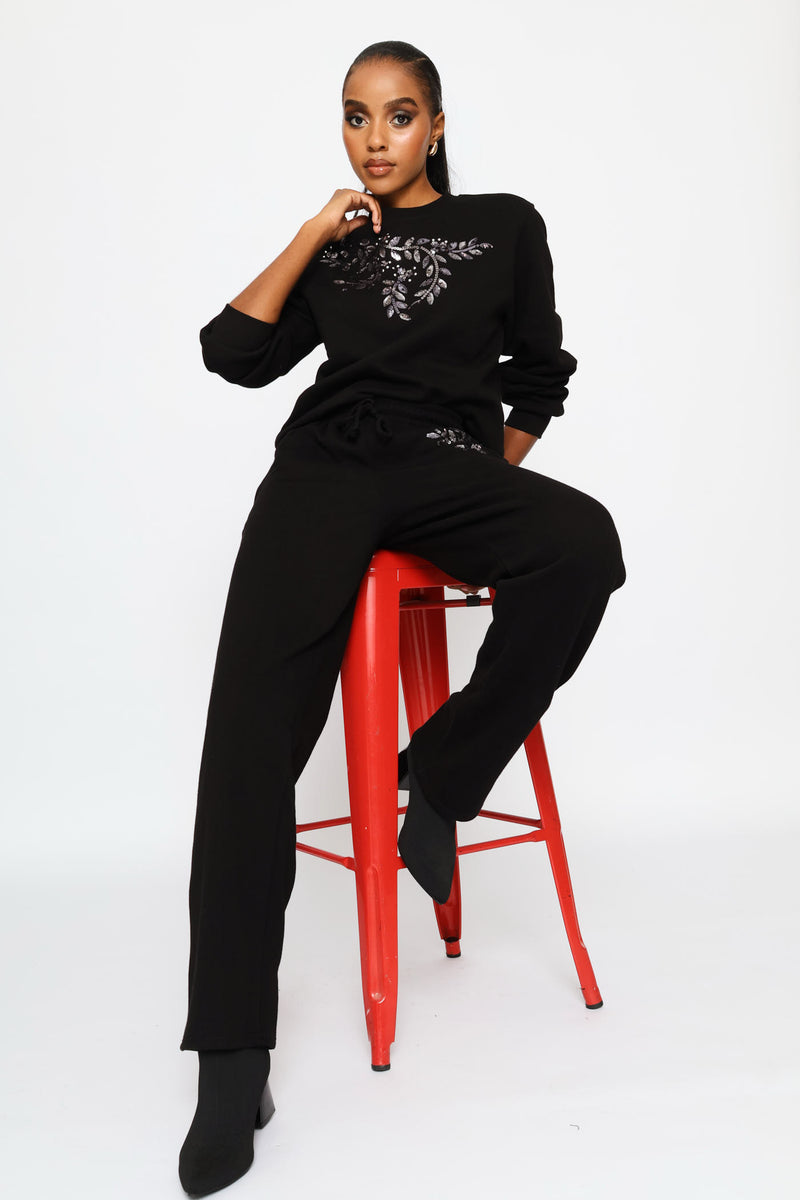 Long Sleeve  Shoulder Bead Detail Pullover - Black