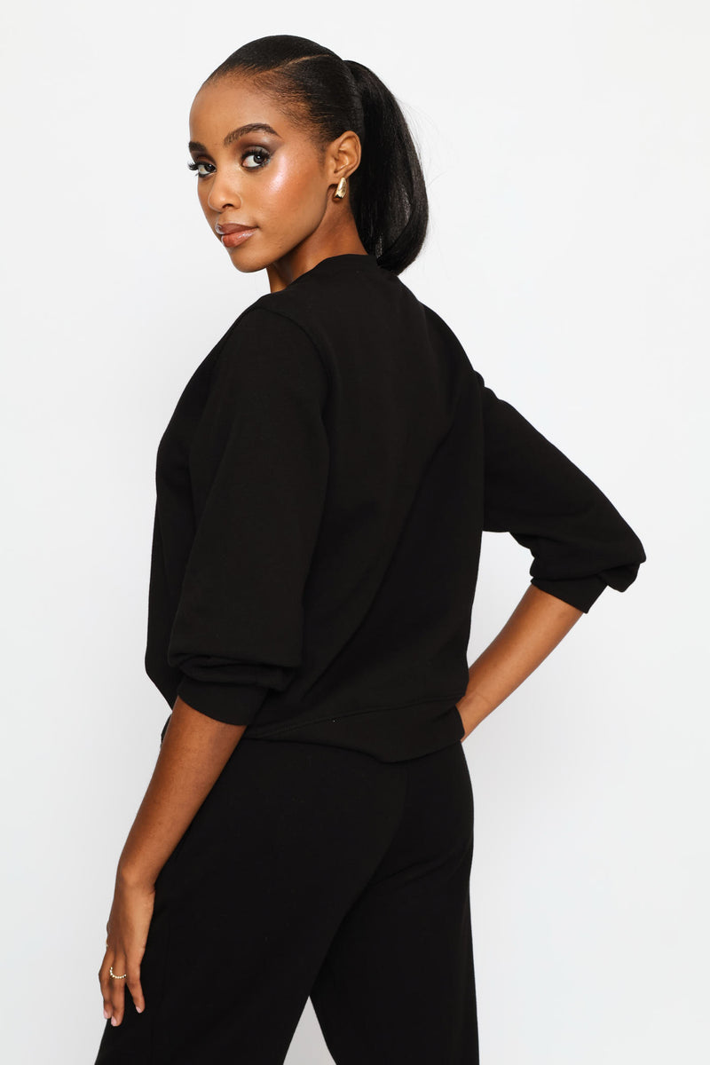 Long Sleeve  Shoulder Bead Detail Pullover - Black