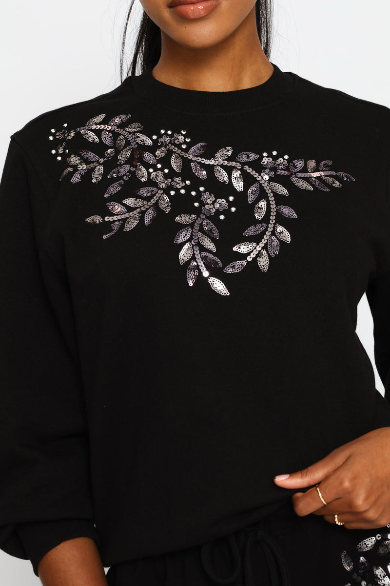 Long Sleeve  Shoulder Bead Detail Pullover - Black