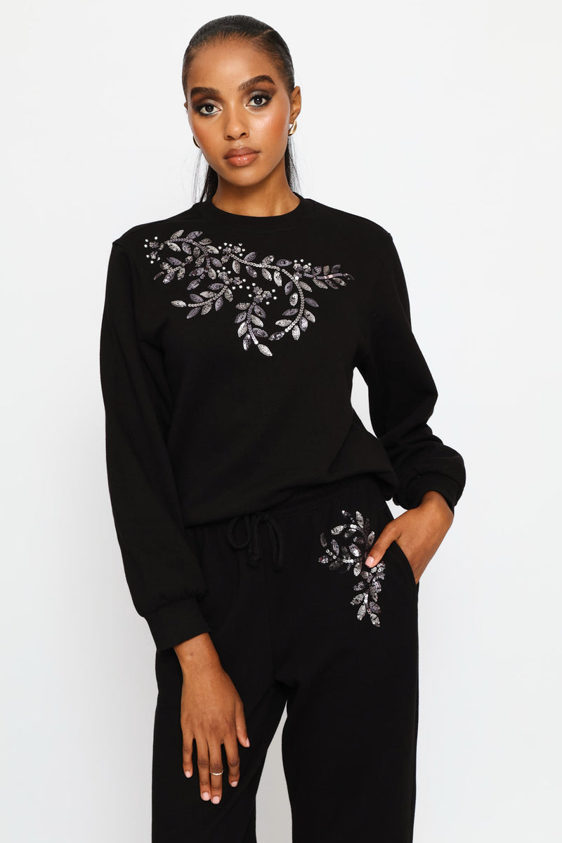 Long Sleeve  Shoulder Bead Detail Pullover - Black