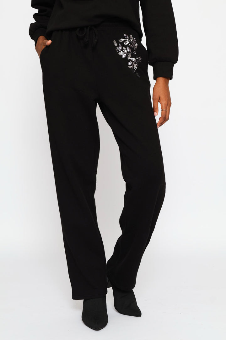 Bead Detail Wideleg Jogger - Black