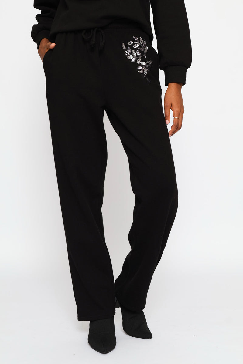 Bead Detail Wideleg Jogger - Black