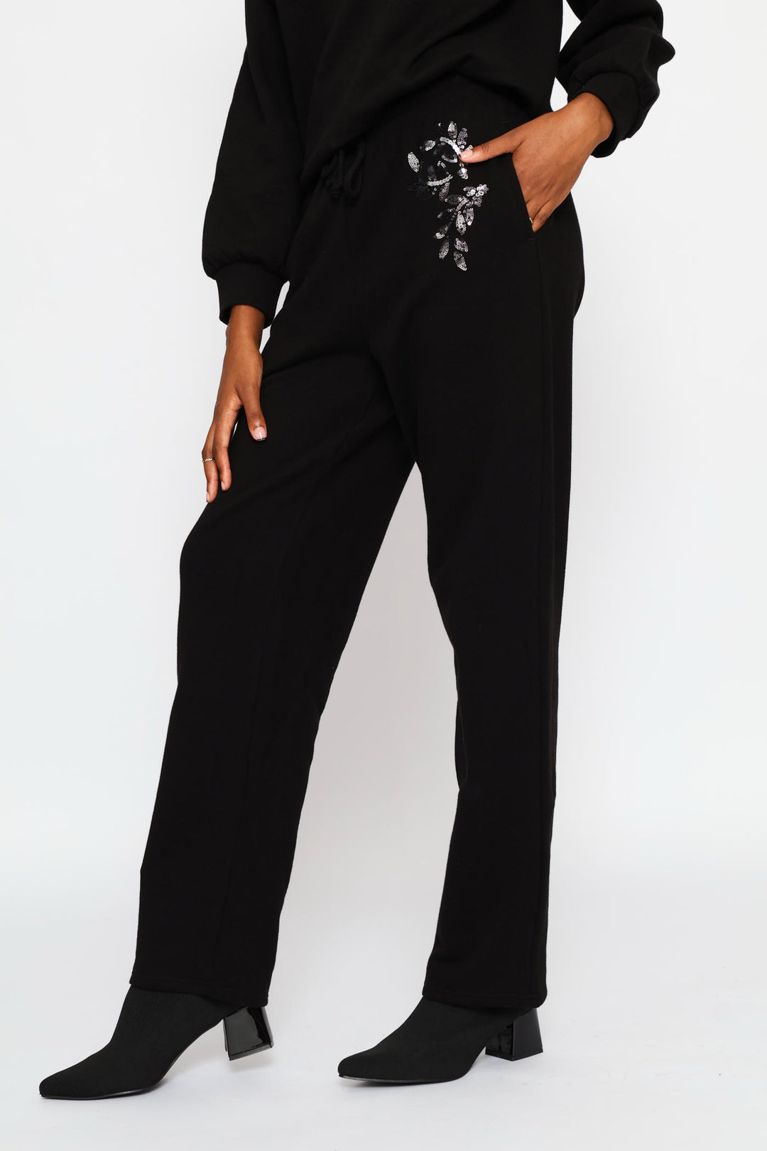 Bead Detail Wideleg Jogger - Black