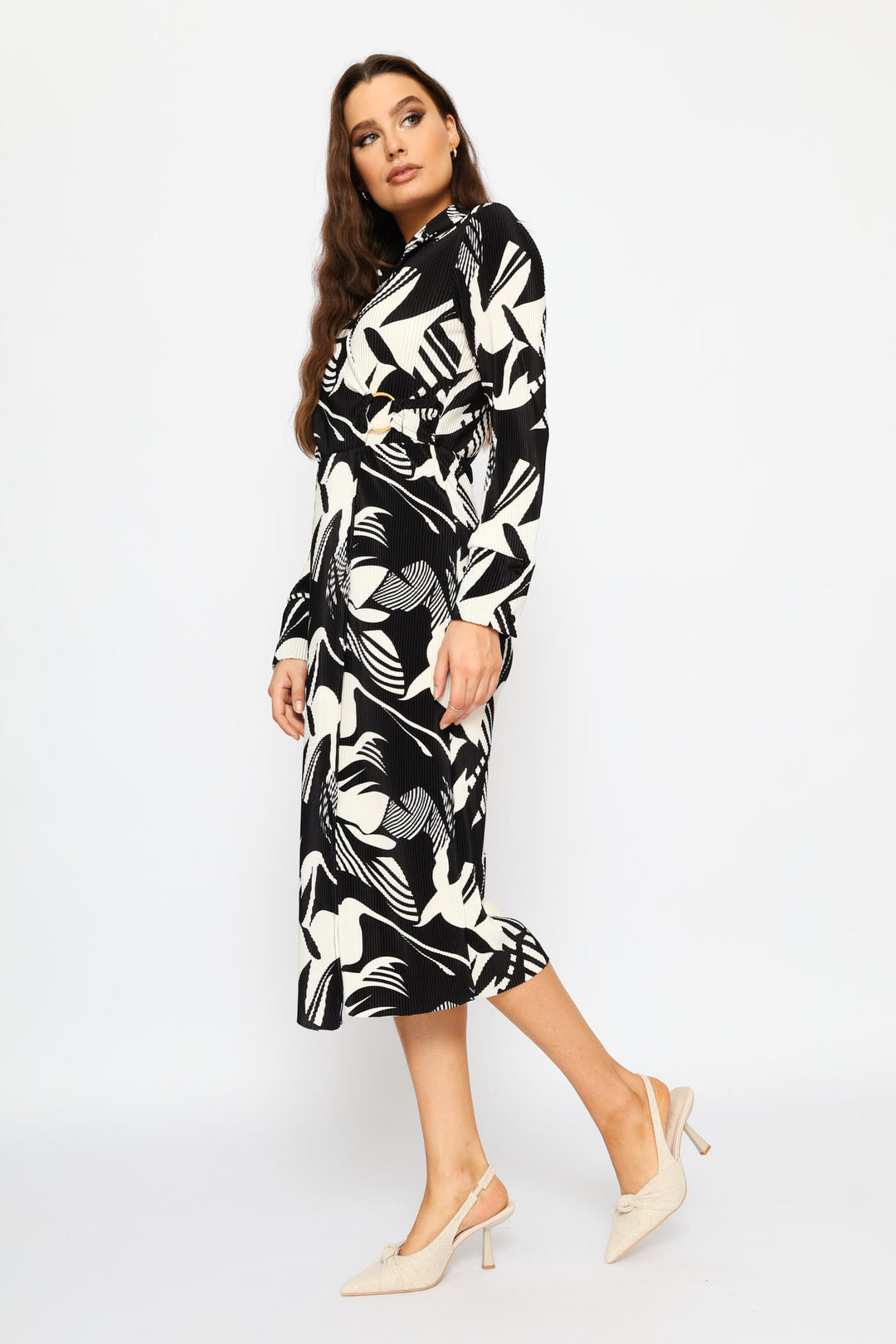 Wrap Side Trim Plisse Midi Dress - Black/Cream