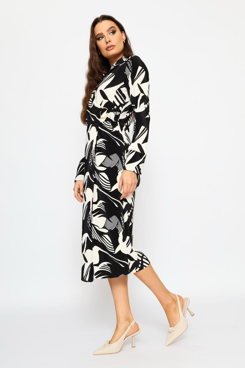 Wrap Side Trim Plisse Midi Dress - Black/Cream
