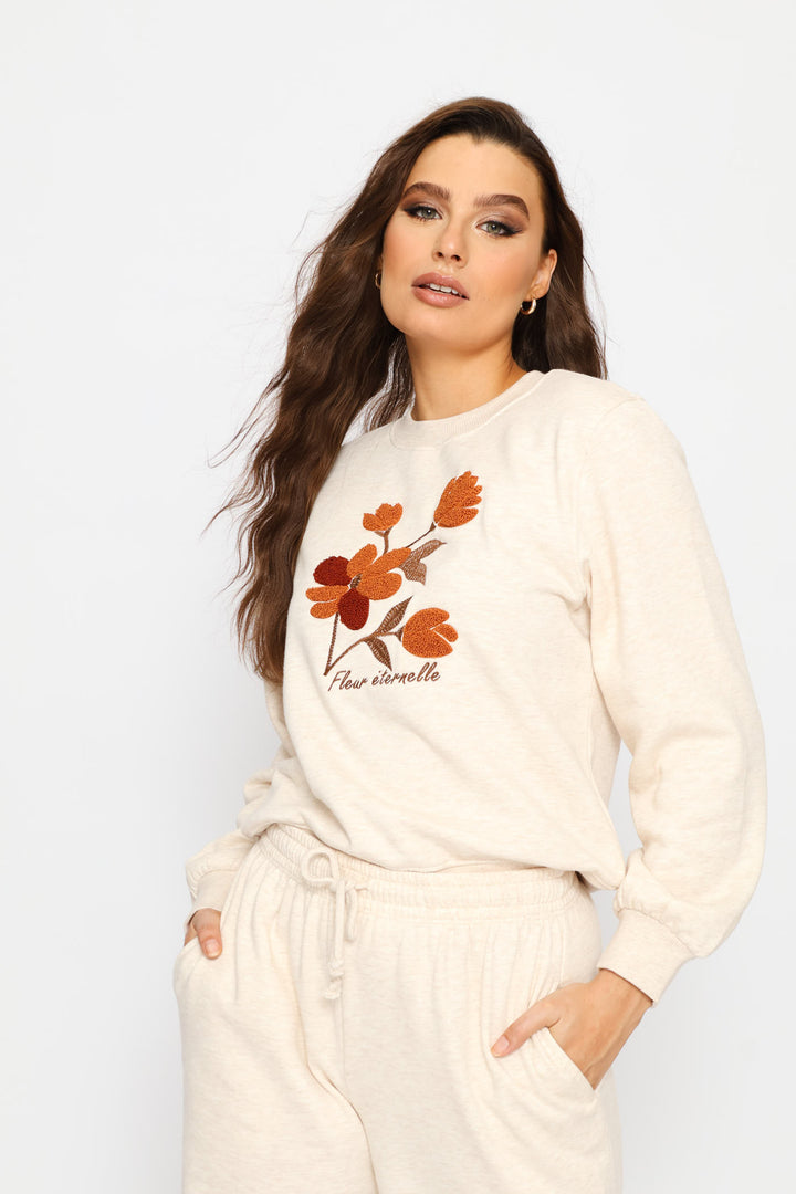Flower Loop Embroidery Pullover - Oatmeal Melange