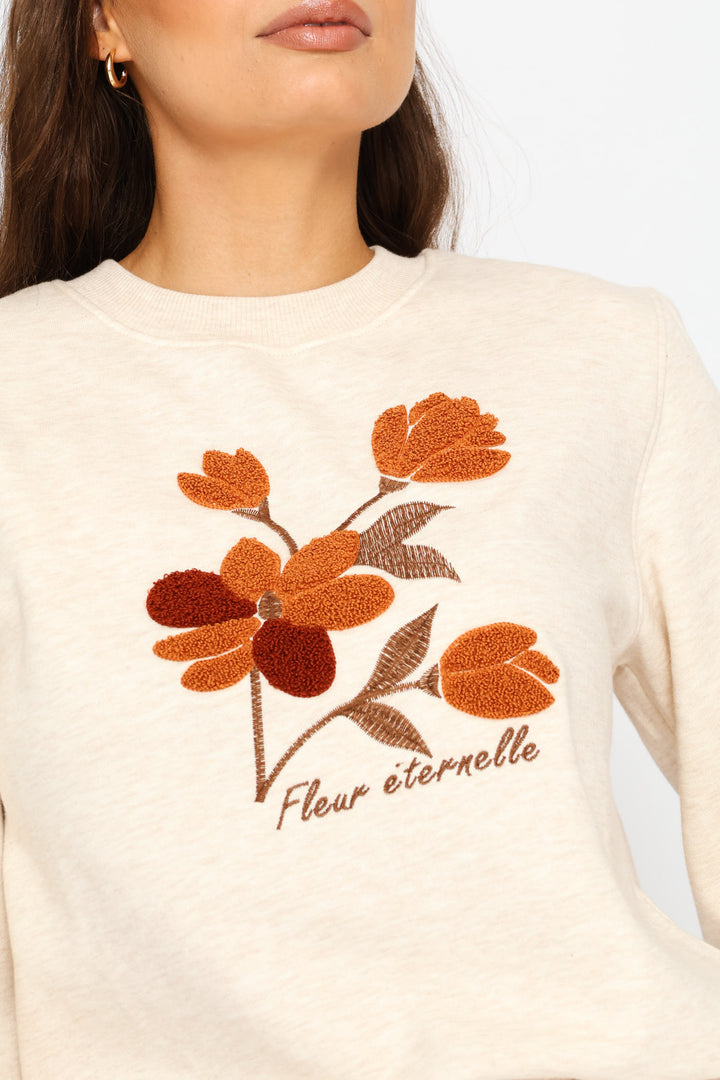 Flower Loop Embroidery Pullover - Oatmeal Melange