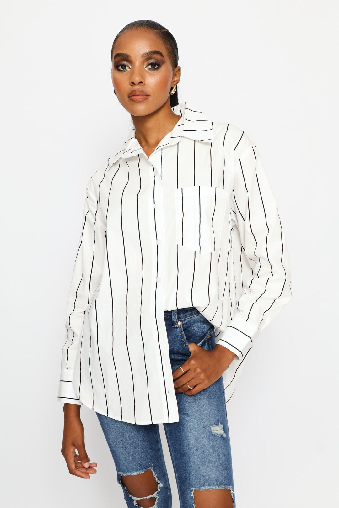 Long Sleeve 1 Pocket Oversized Poplin Shirt - Black/Cream