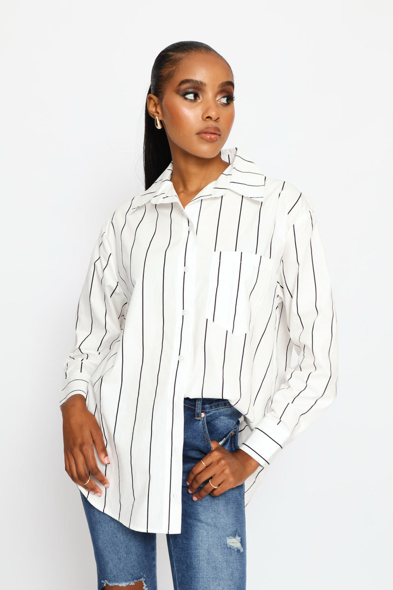 Long Sleeve 1 Pocket Oversized Poplin Shirt - Black/Cream