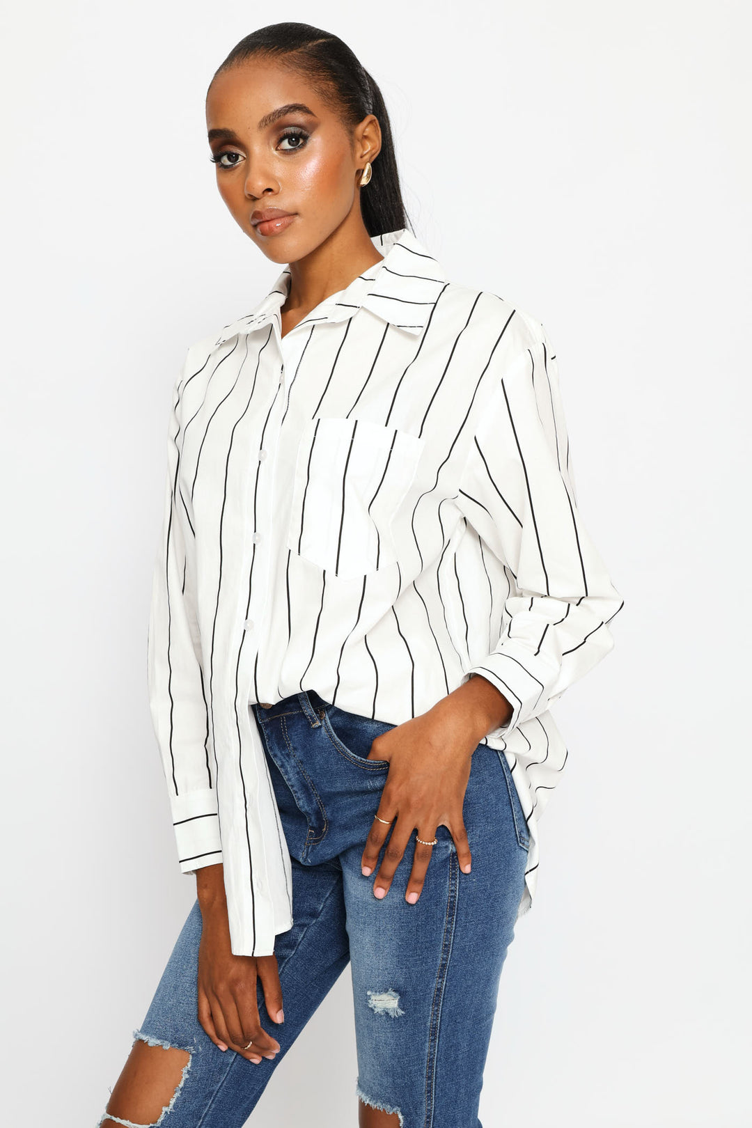 Long Sleeve 1 Pocket Oversized Poplin Shirt - Black/Cream
