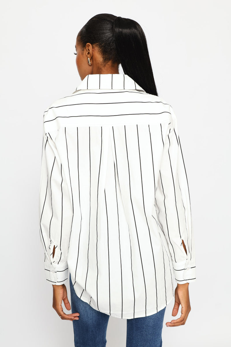 Long Sleeve 1 Pocket Oversized Poplin Shirt - Black/Cream