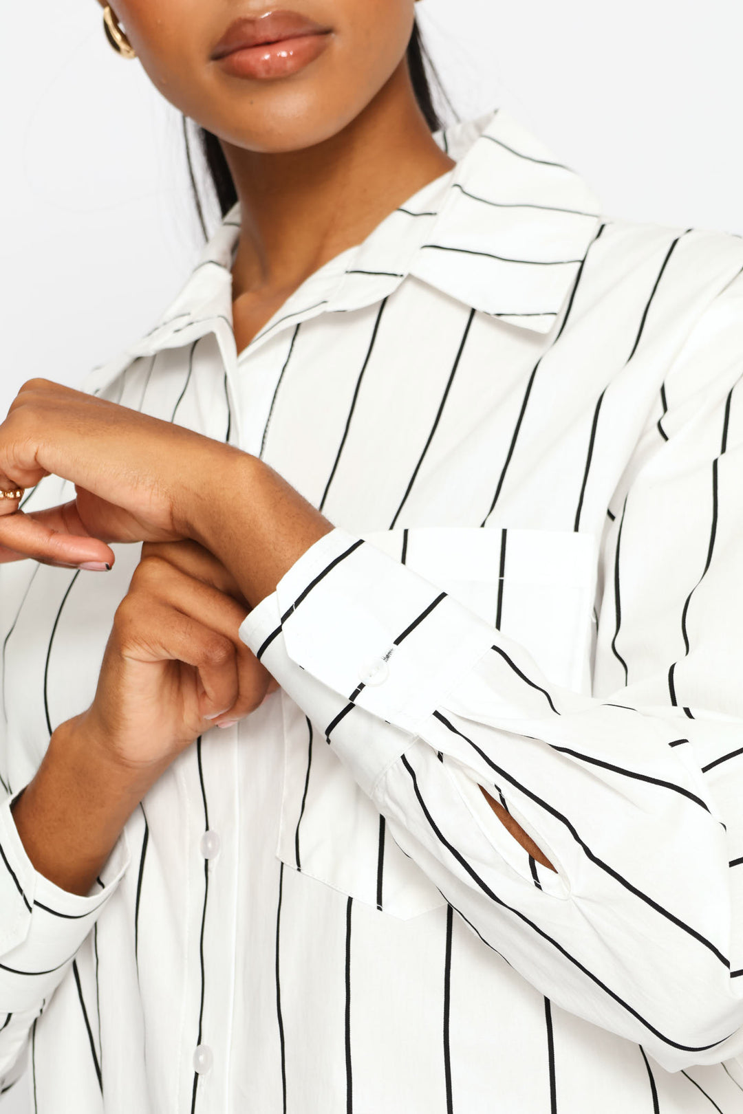 Long Sleeve 1 Pocket Oversized Poplin Shirt - Black/Cream