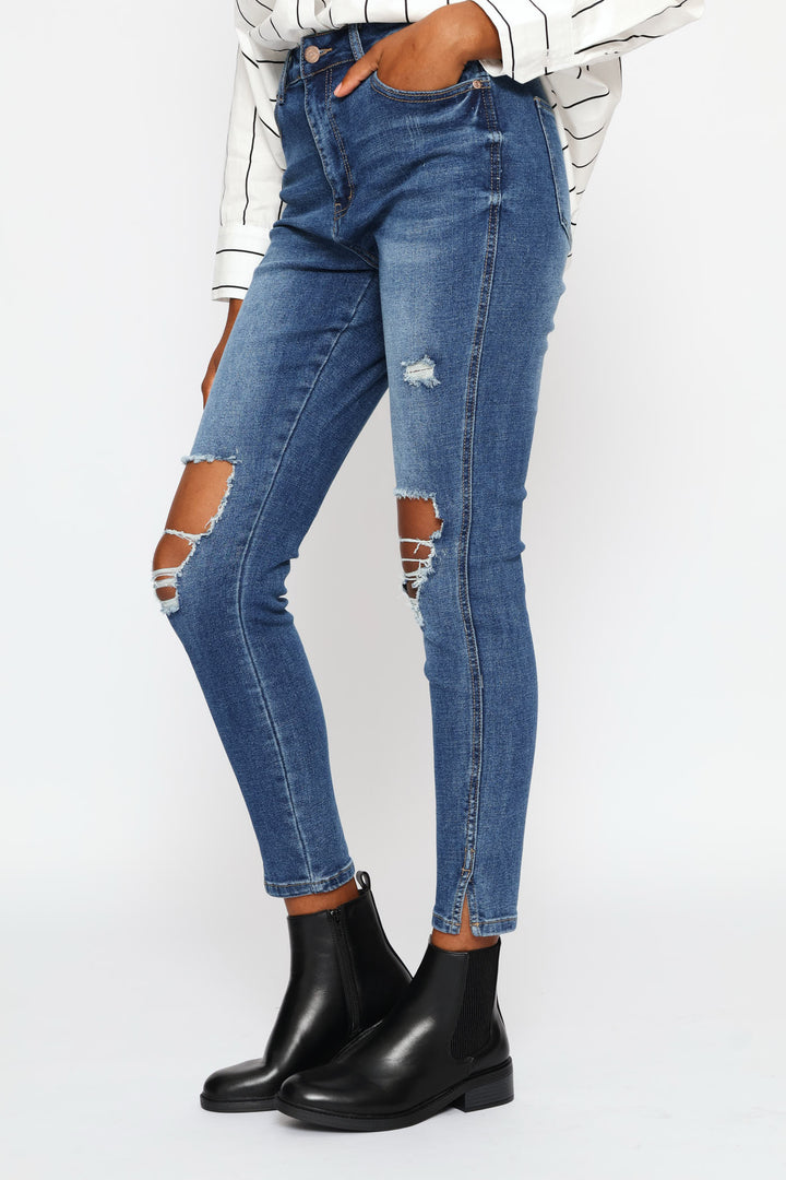 Hi-Rise Abraised Skinny Denim - Dark Wash
