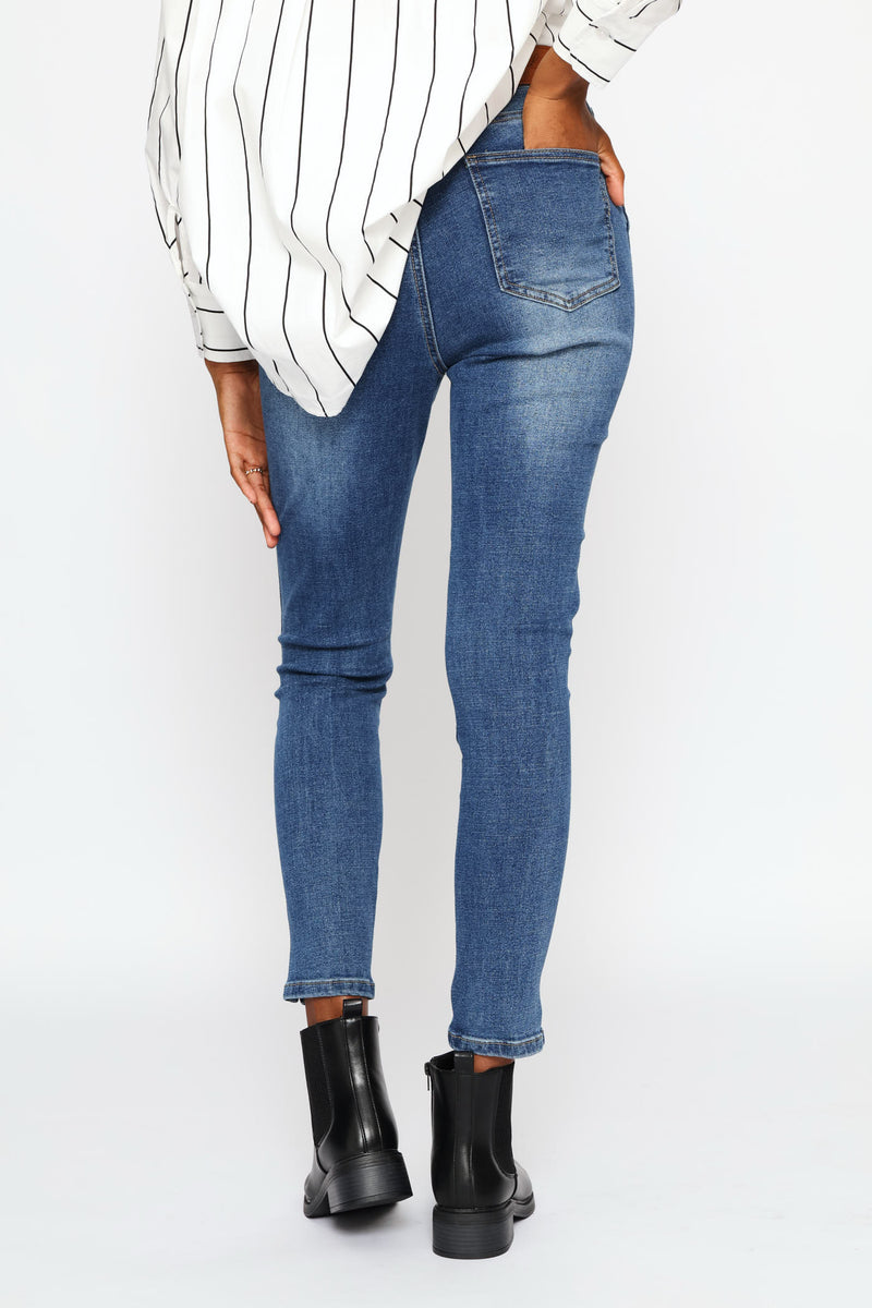 Hi-Rise Abraised Skinny Denim - Dark Wash