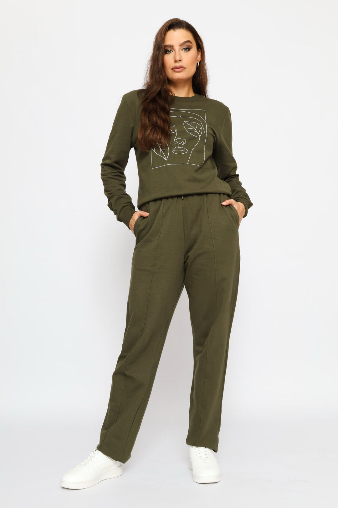 Long Sleeve Embroidered Face Outline Pullover - Dark Fatigue