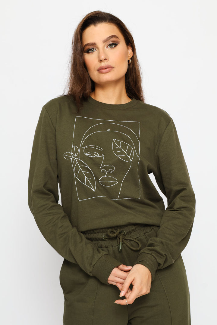 Long Sleeve Embroidered Face Outline Pullover - Dark Fatigue